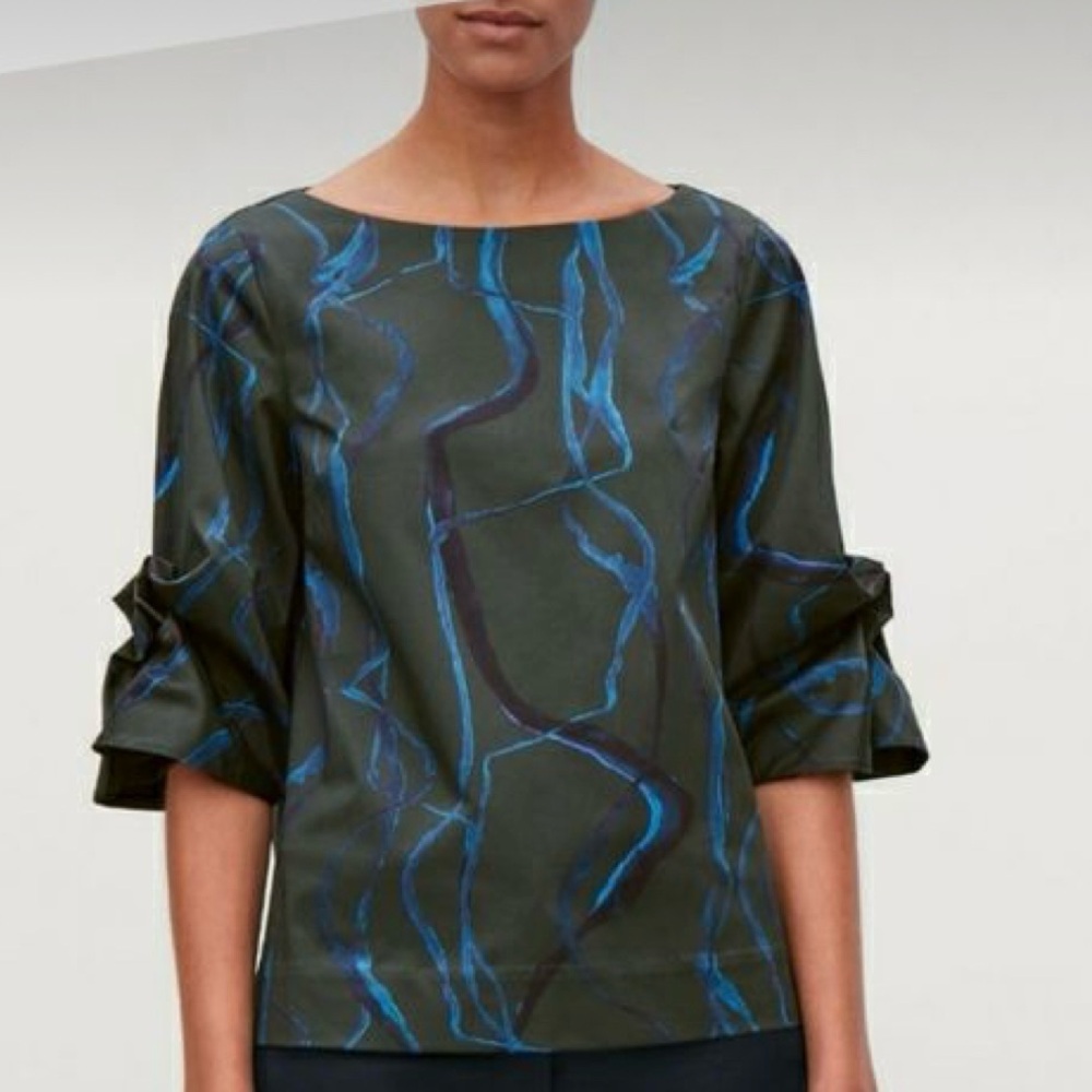COS Green Blue Abstract Print Blouse with Statement Sleeves, Size 2